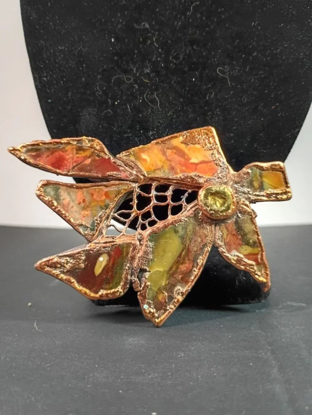 Handmade Brutalist Copper Natural Gemstone Vintage Brooch Pin